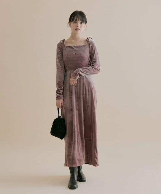 【森川企畫】花卉圖案天鵝絨連衣裙