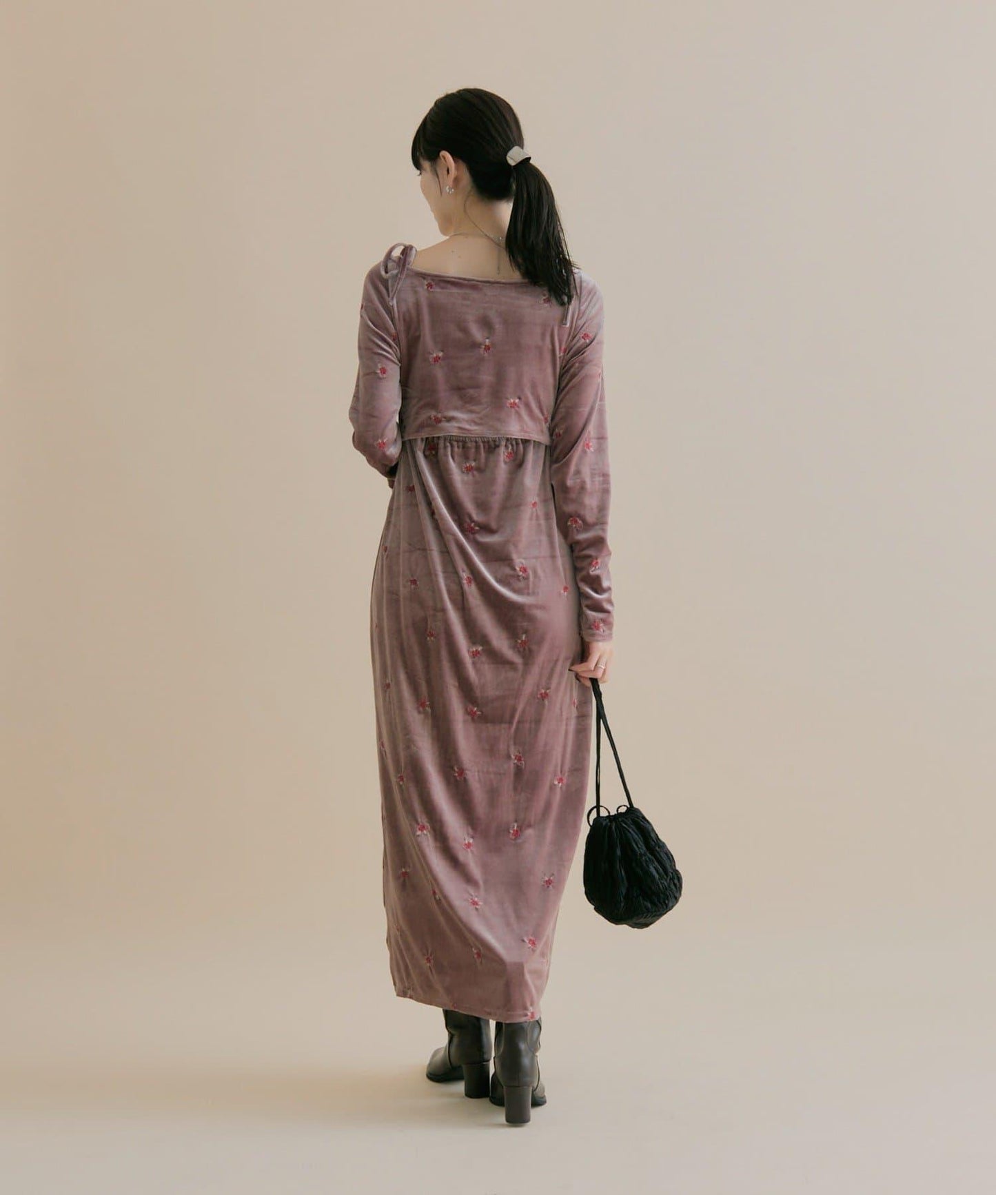 【森川企畫】花卉圖案天鵝絨連衣裙