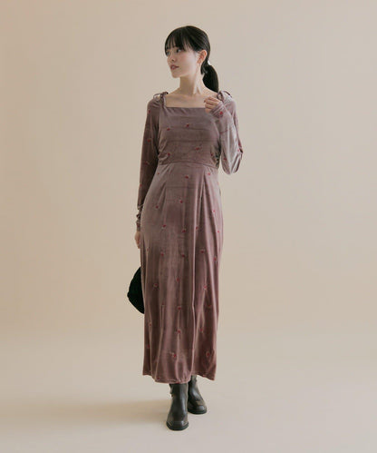 【森川企畫】花卉圖案天鵝絨連衣裙