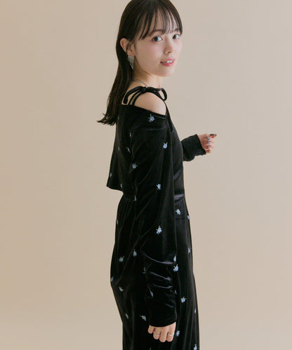 【森川企畫】花卉圖案天鵝絨連衣裙