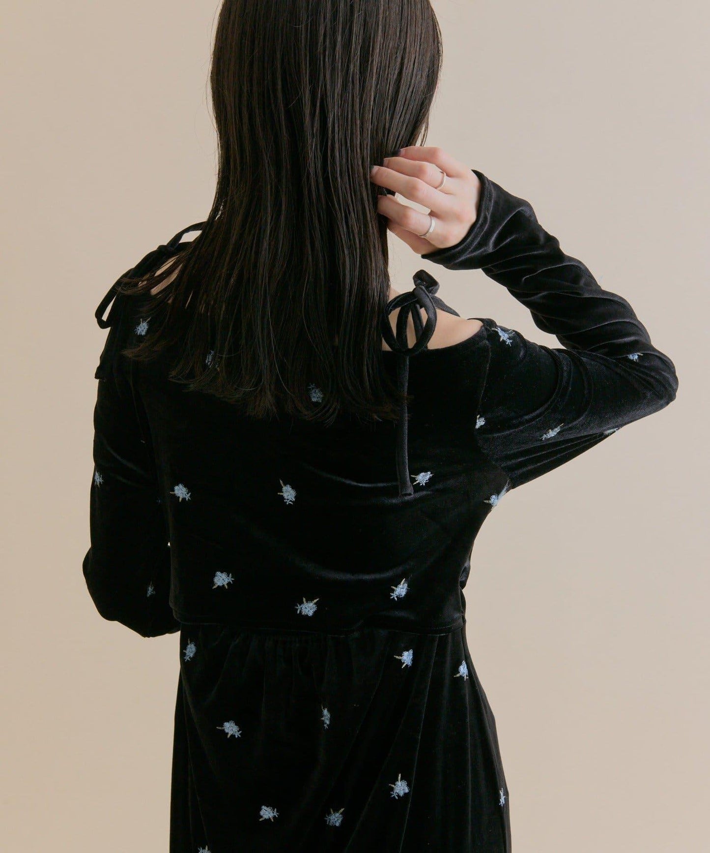 【森川企畫】花卉圖案天鵝絨連衣裙