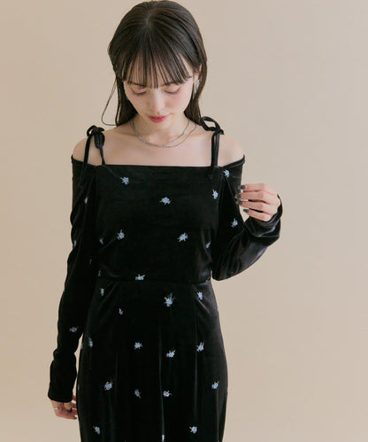 【森川企畫】花卉圖案天鵝絨連衣裙