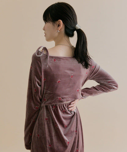 【森川企畫】花卉圖案天鵝絨連衣裙