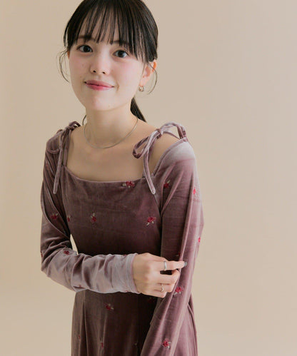 【森川企畫】花卉圖案天鵝絨連衣裙