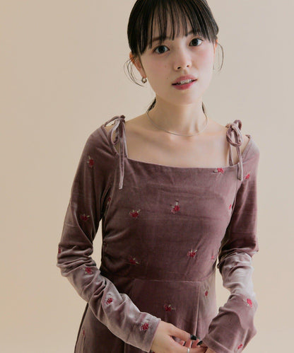 【森川企畫】花卉圖案天鵝絨連衣裙