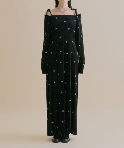 【森川企畫】花卉圖案天鵝絨連衣裙