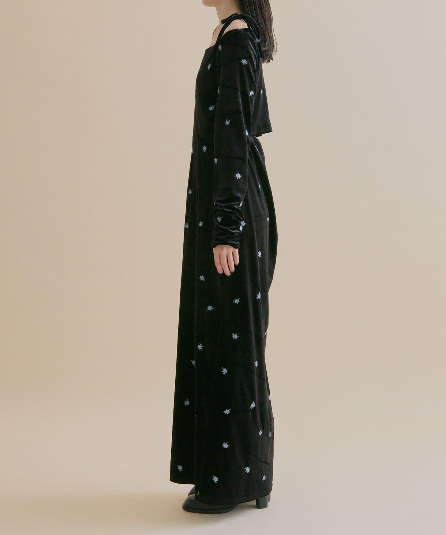 【森川企畫】花卉圖案天鵝絨連衣裙