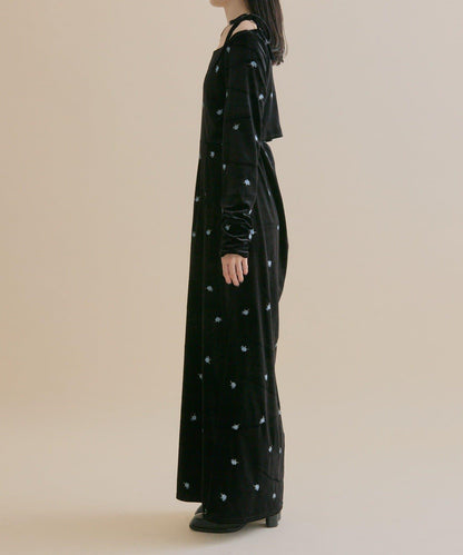 【森川企畫】花卉圖案天鵝絨連衣裙