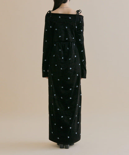 【森川企畫】花卉圖案天鵝絨連衣裙