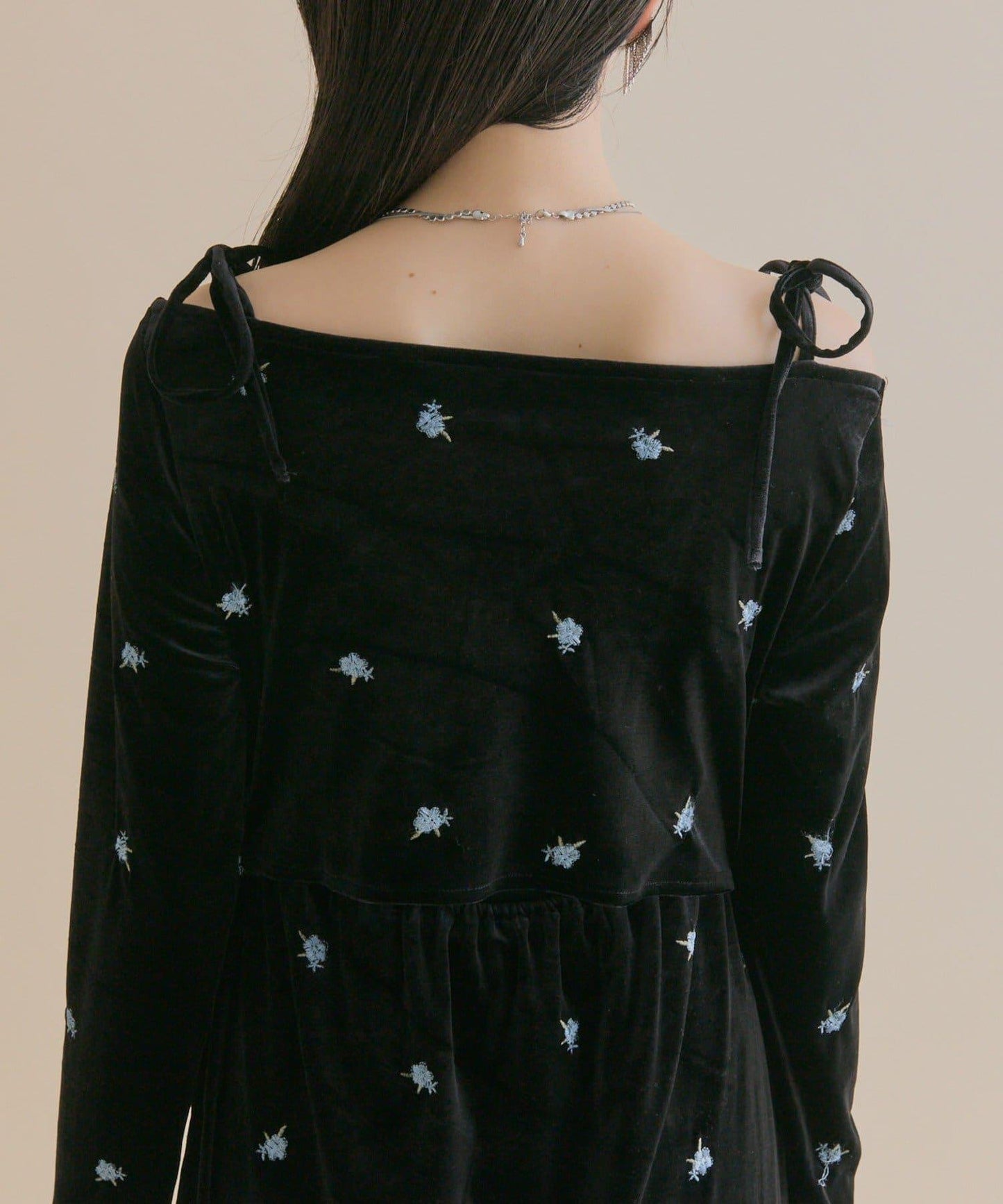 【森川企畫】花卉圖案天鵝絨連衣裙