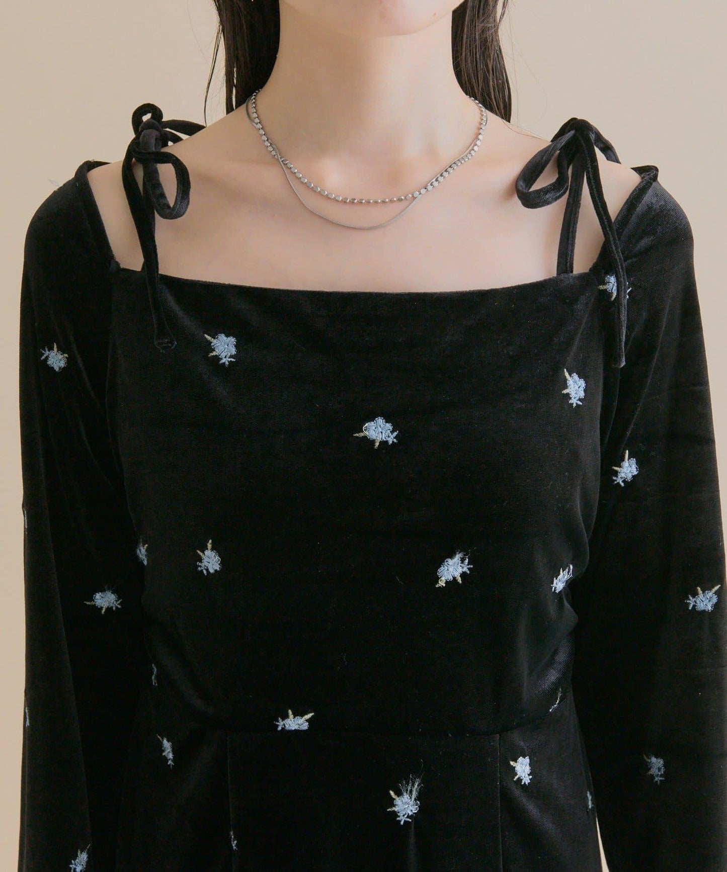 【森川企畫】花卉圖案天鵝絨連衣裙