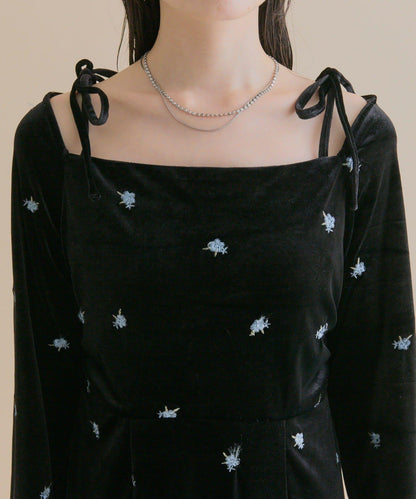 【森川企畫】花卉圖案天鵝絨連衣裙