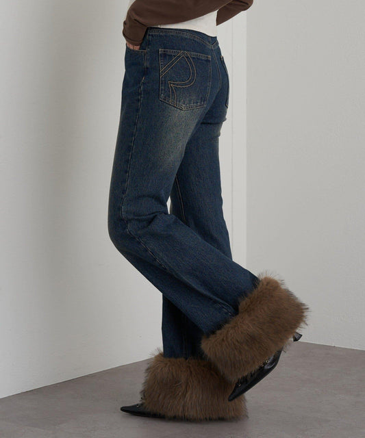 可拆卸毛絨拼接牛仔喇叭褲