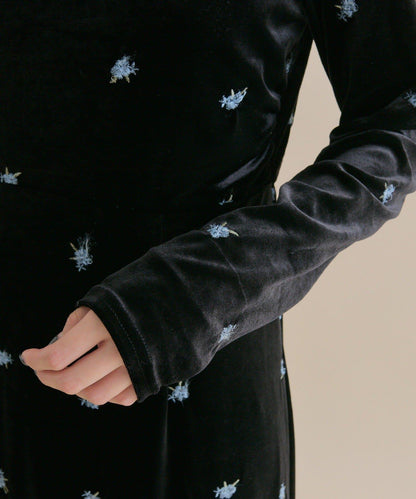 【森川企畫】花卉圖案天鵝絨連衣裙