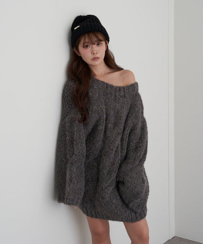 麻花寬鬆針織長款上衣