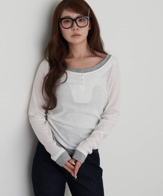 U領疊穿亨利長袖T恤