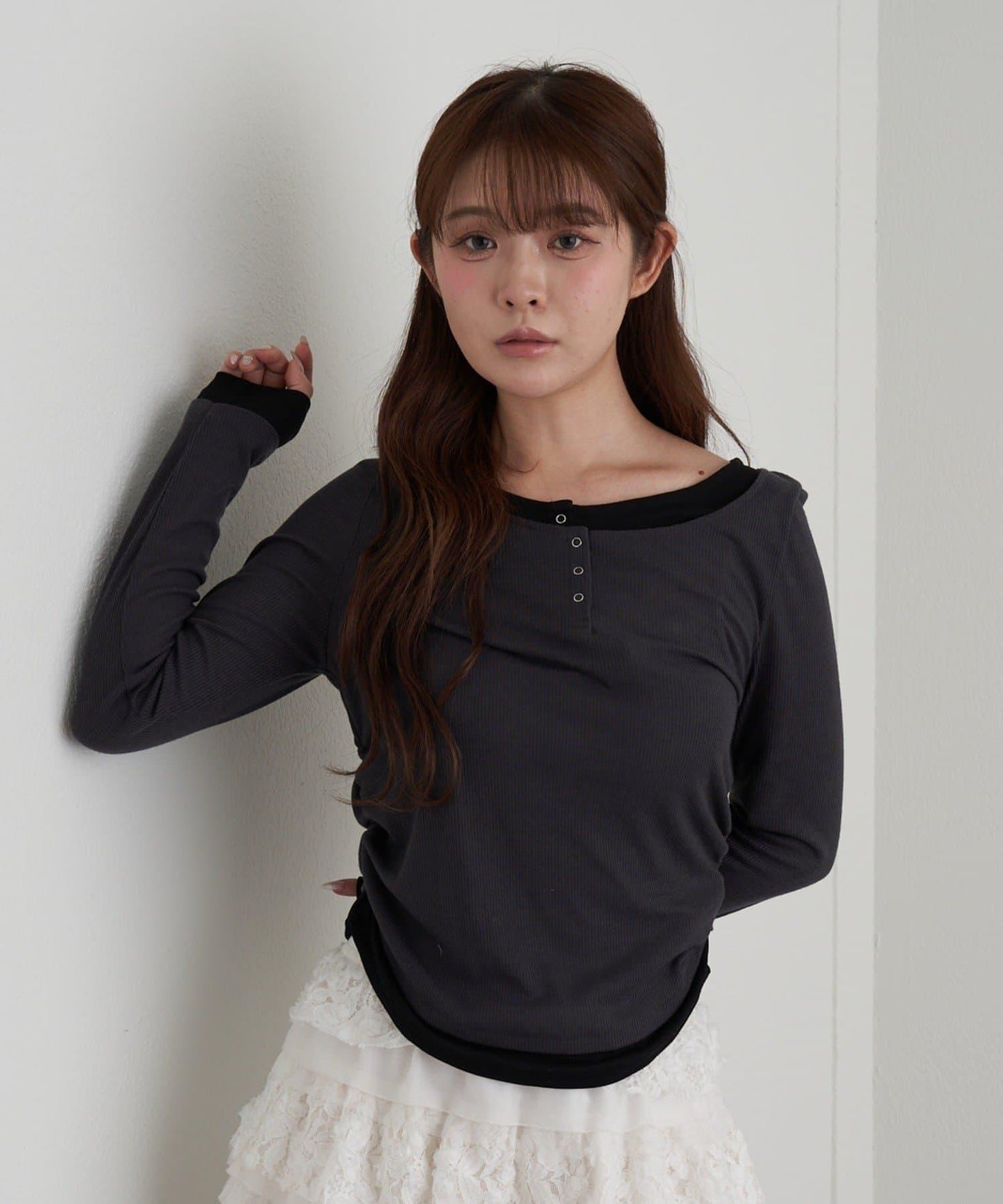 U領疊穿亨利長袖T恤