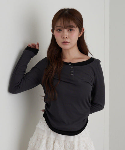 U領疊穿亨利長袖T恤