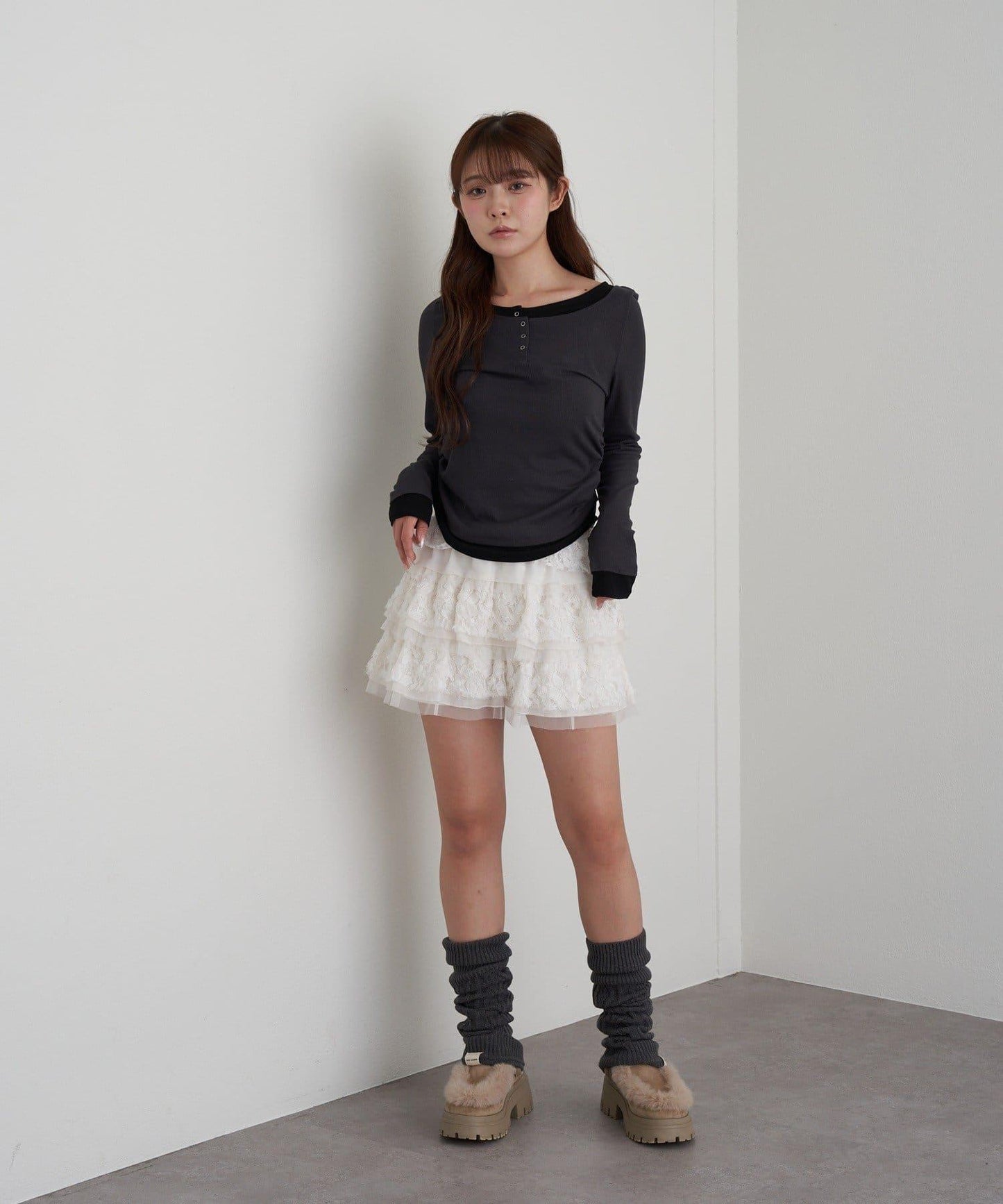 U領疊穿亨利長袖T恤