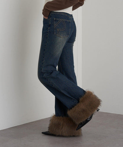 可拆卸毛絨拼接牛仔喇叭褲