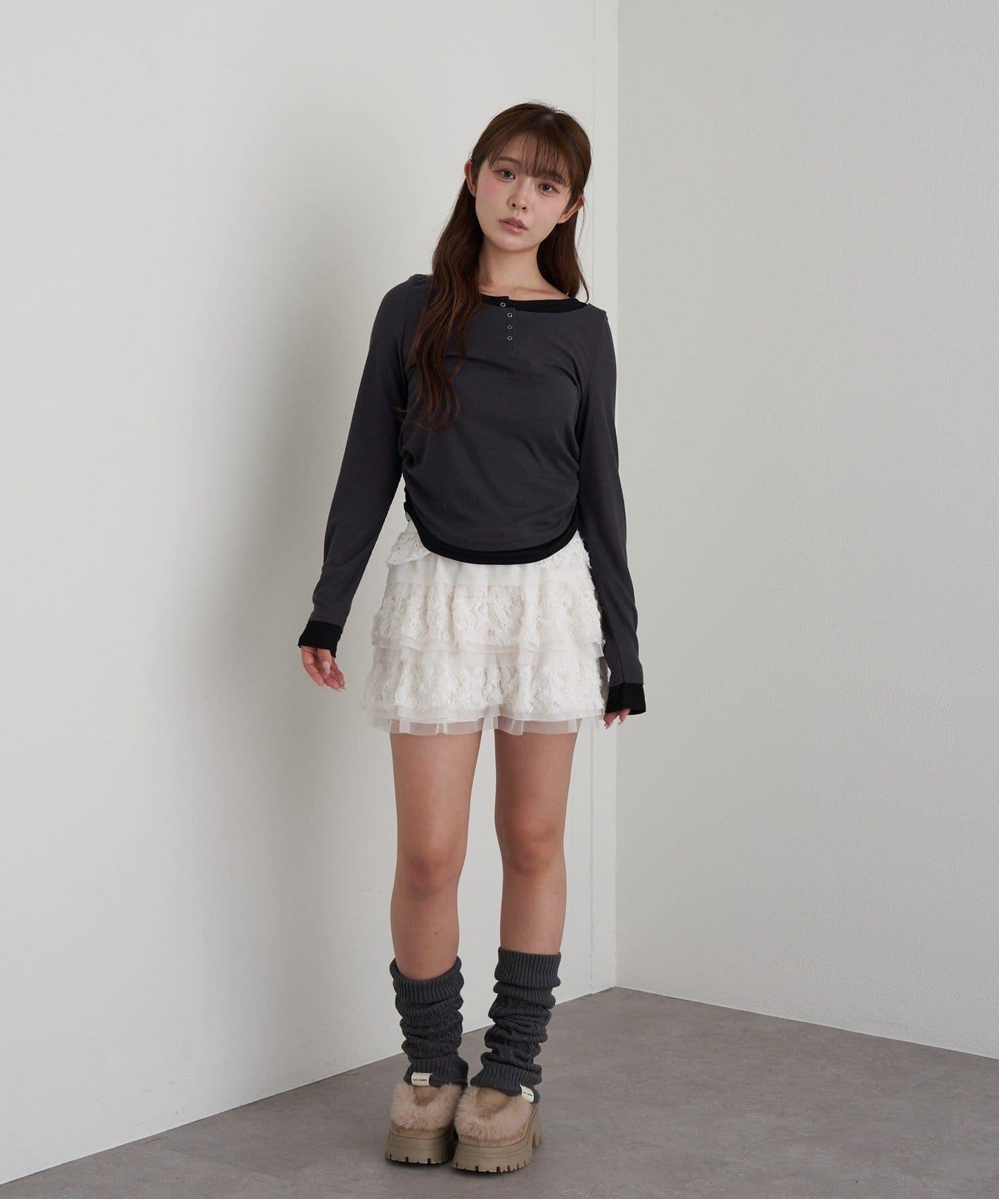 U領疊穿亨利長袖T恤