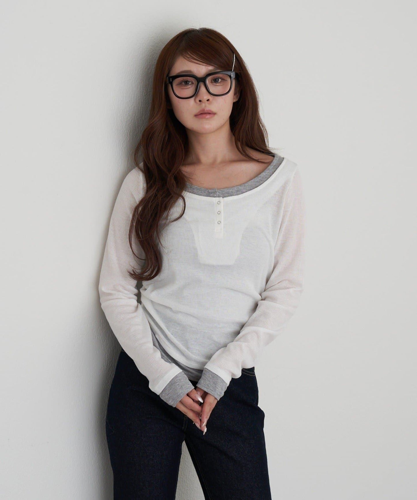 U領疊穿亨利長袖T恤