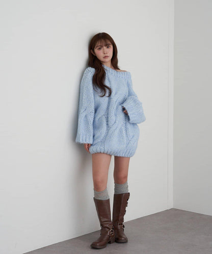 麻花寬鬆針織長款上衣