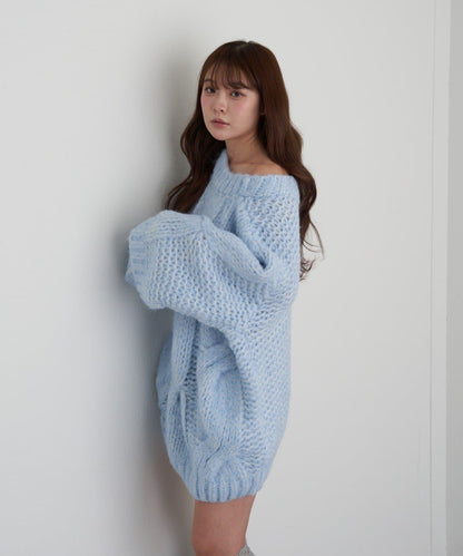 麻花寬鬆針織長款上衣