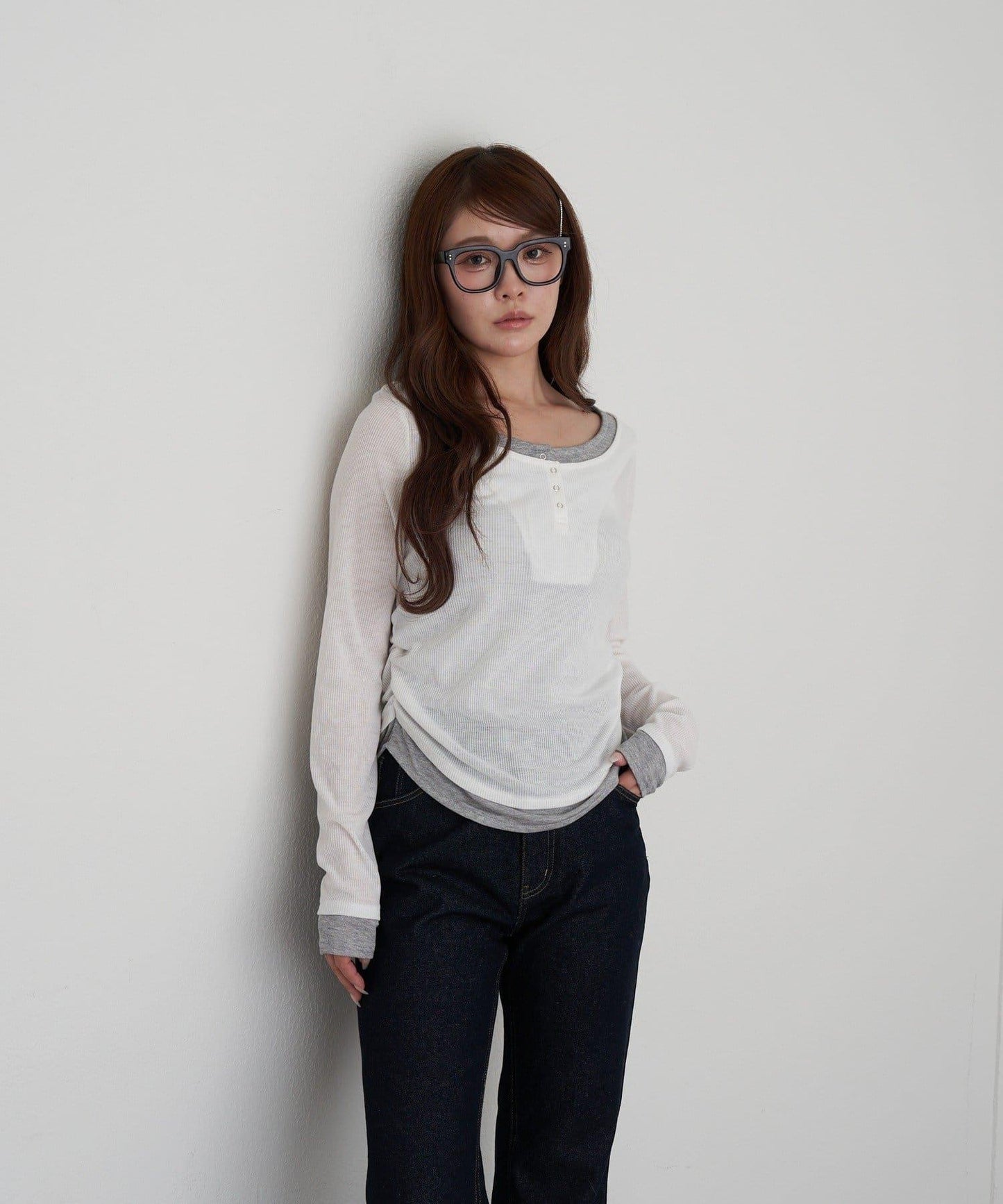 U領疊穿亨利長袖T恤