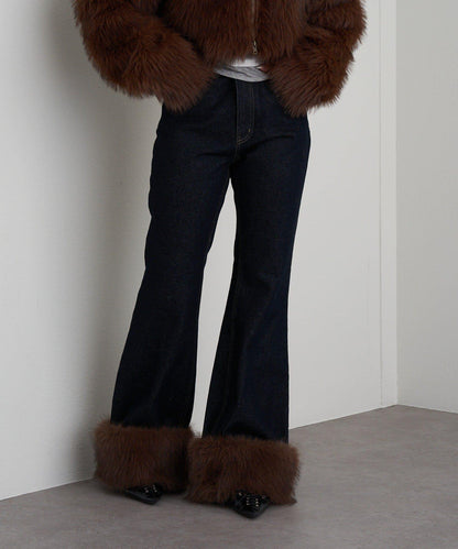 可拆卸毛絨拼接牛仔喇叭褲