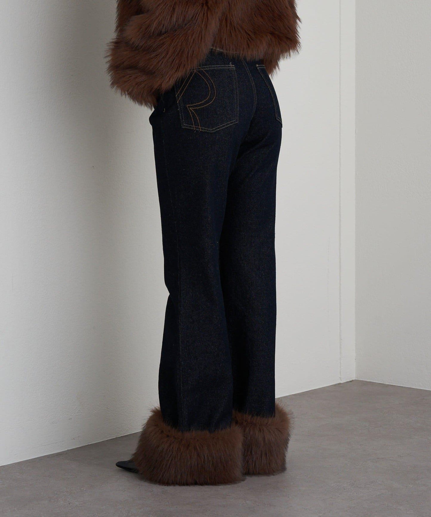 可拆卸毛絨拼接牛仔喇叭褲