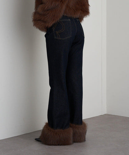 可拆卸毛絨拼接牛仔喇叭褲