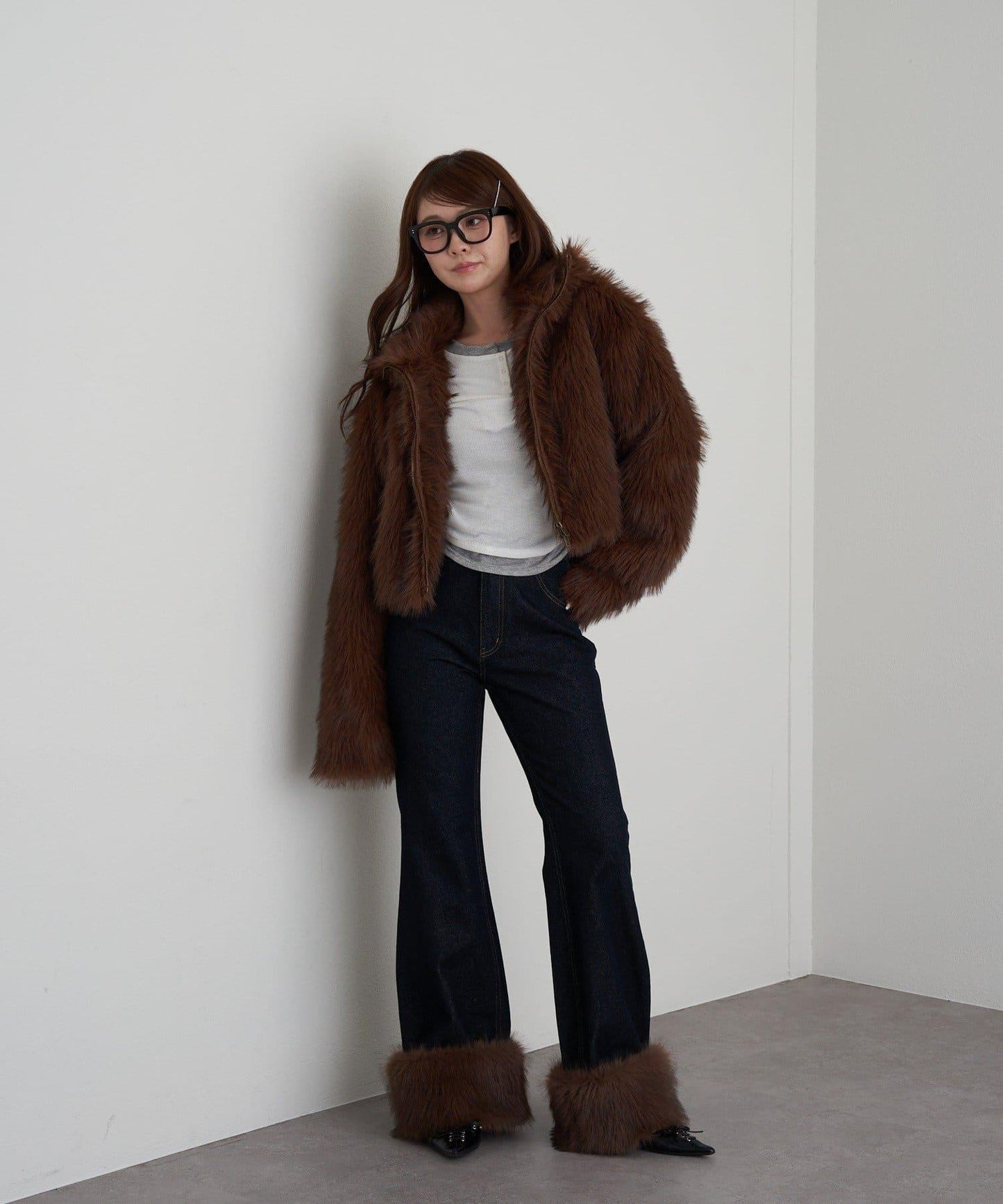 可拆卸毛絨拼接牛仔喇叭褲