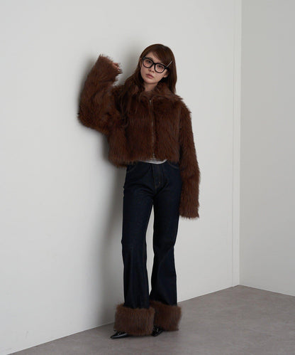 可拆卸毛絨拼接牛仔喇叭褲