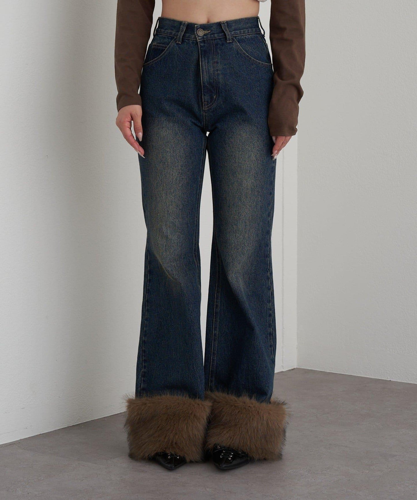 可拆卸毛絨拼接牛仔喇叭褲