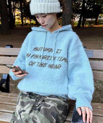 仿馬海毛質感字母針織連帽衫