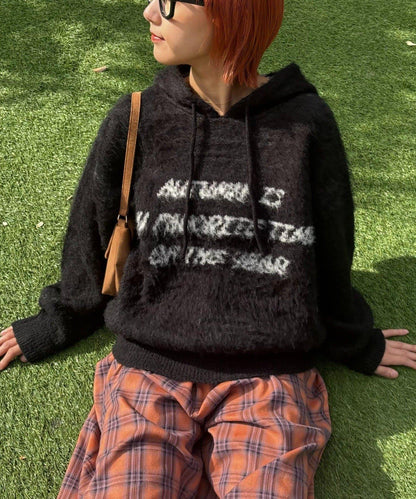 仿馬海毛質感字母針織連帽衫