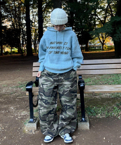 仿馬海毛質感字母針織連帽衫