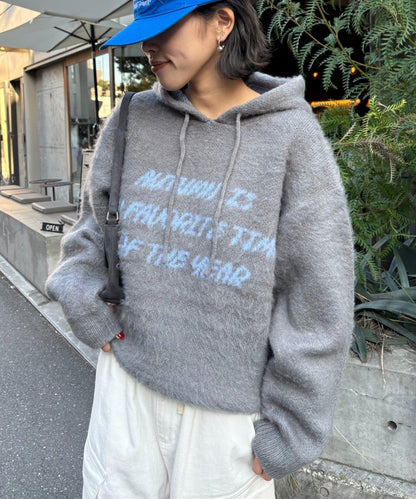 仿馬海毛質感字母針織連帽衫