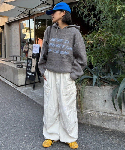 仿馬海毛質感字母針織連帽衫