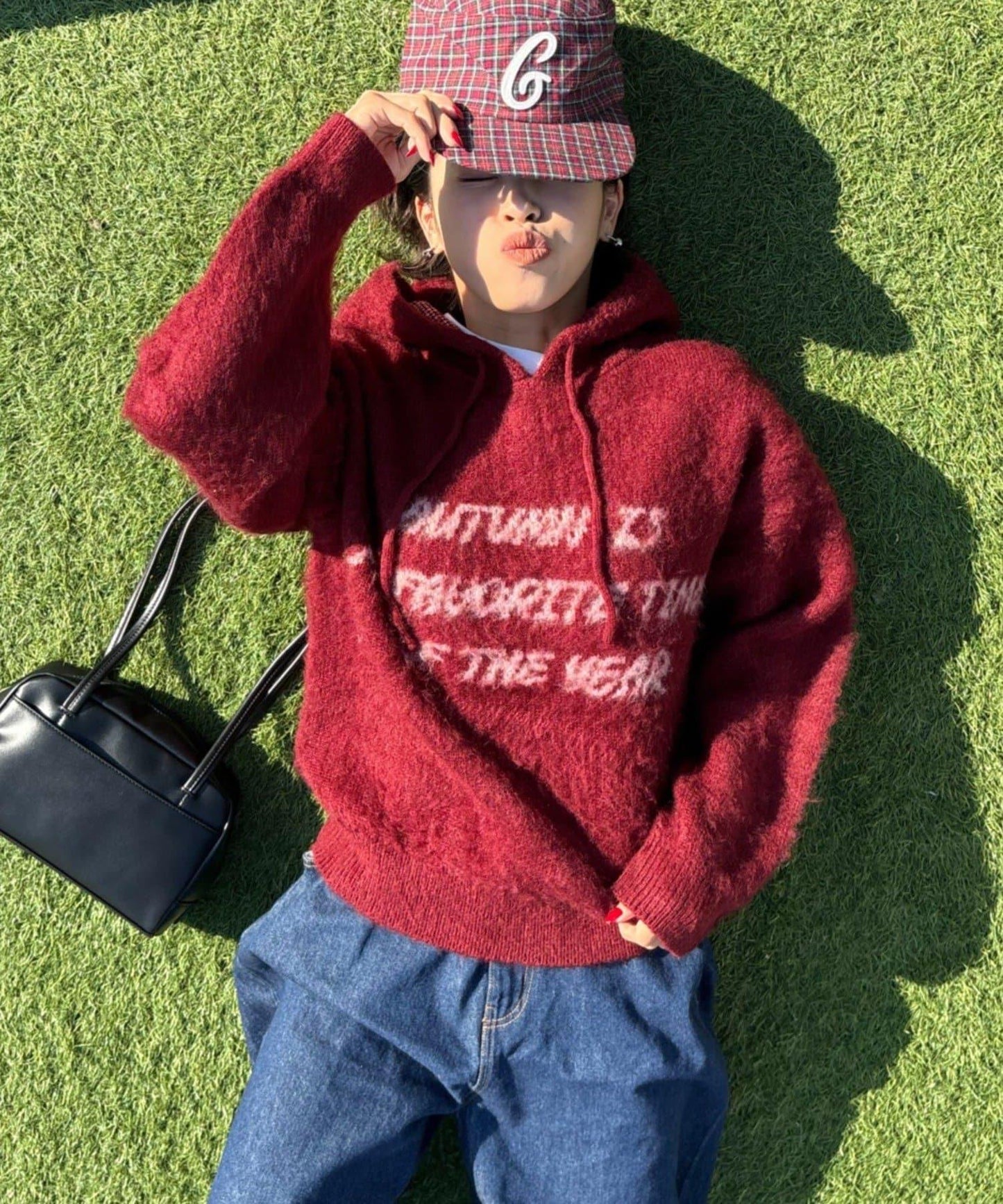 仿馬海毛質感字母針織連帽衫