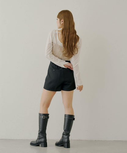 【Chico】荷葉邊吊帶+天鵝絨上衣套裝