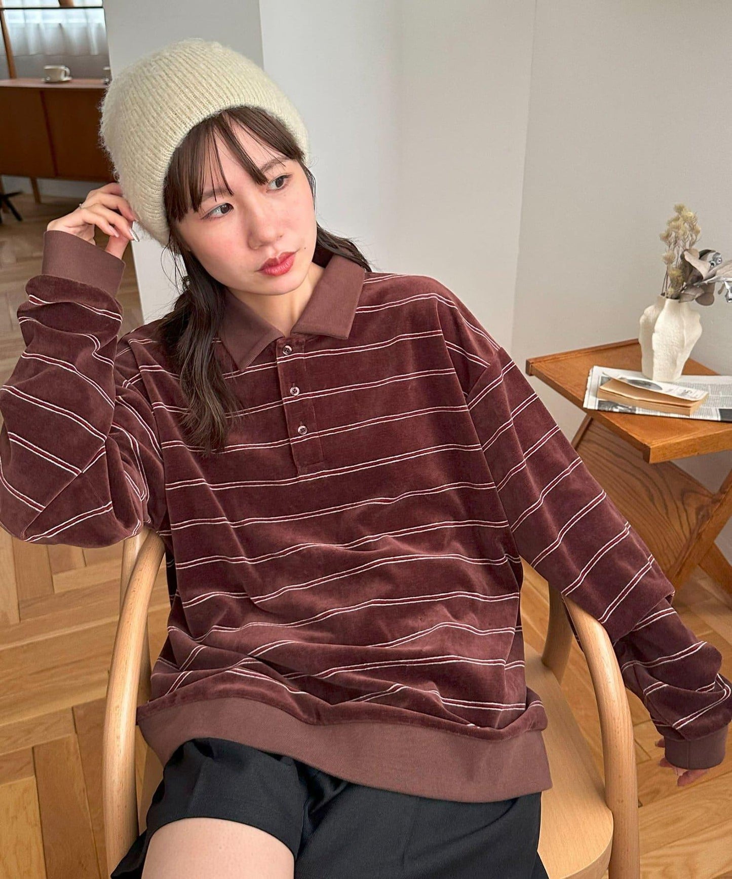 【Discoat】【男女同款】天鵝絨條紋POLO衫