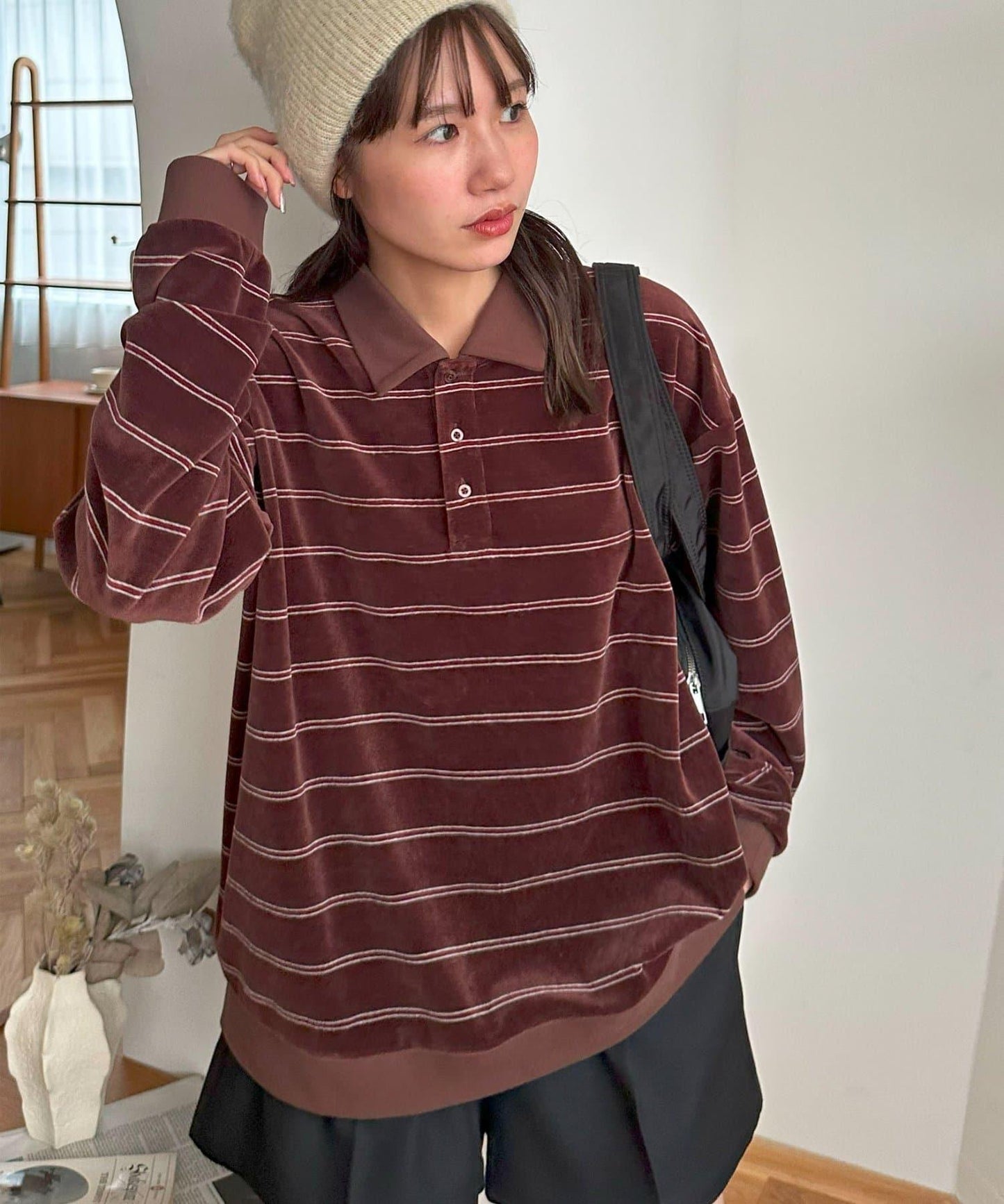 【Discoat】【男女同款】天鵝絨條紋POLO衫