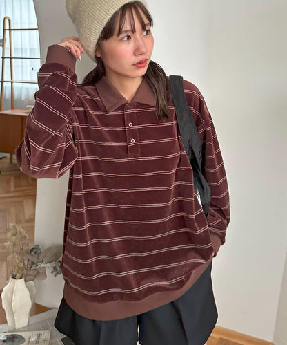 【Discoat】【男女同款】天鵝絨條紋POLO衫