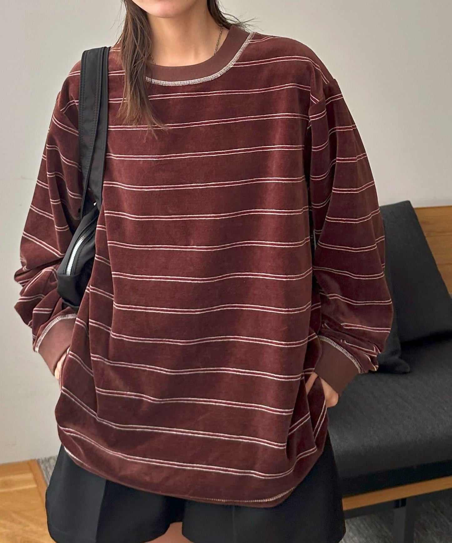 【Discoat】【男女同款】天鵝絨條紋圓領衫