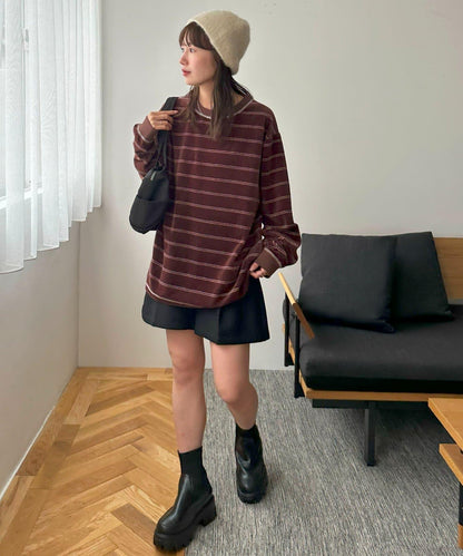 【Discoat】【男女同款】天鵝絨條紋圓領衫