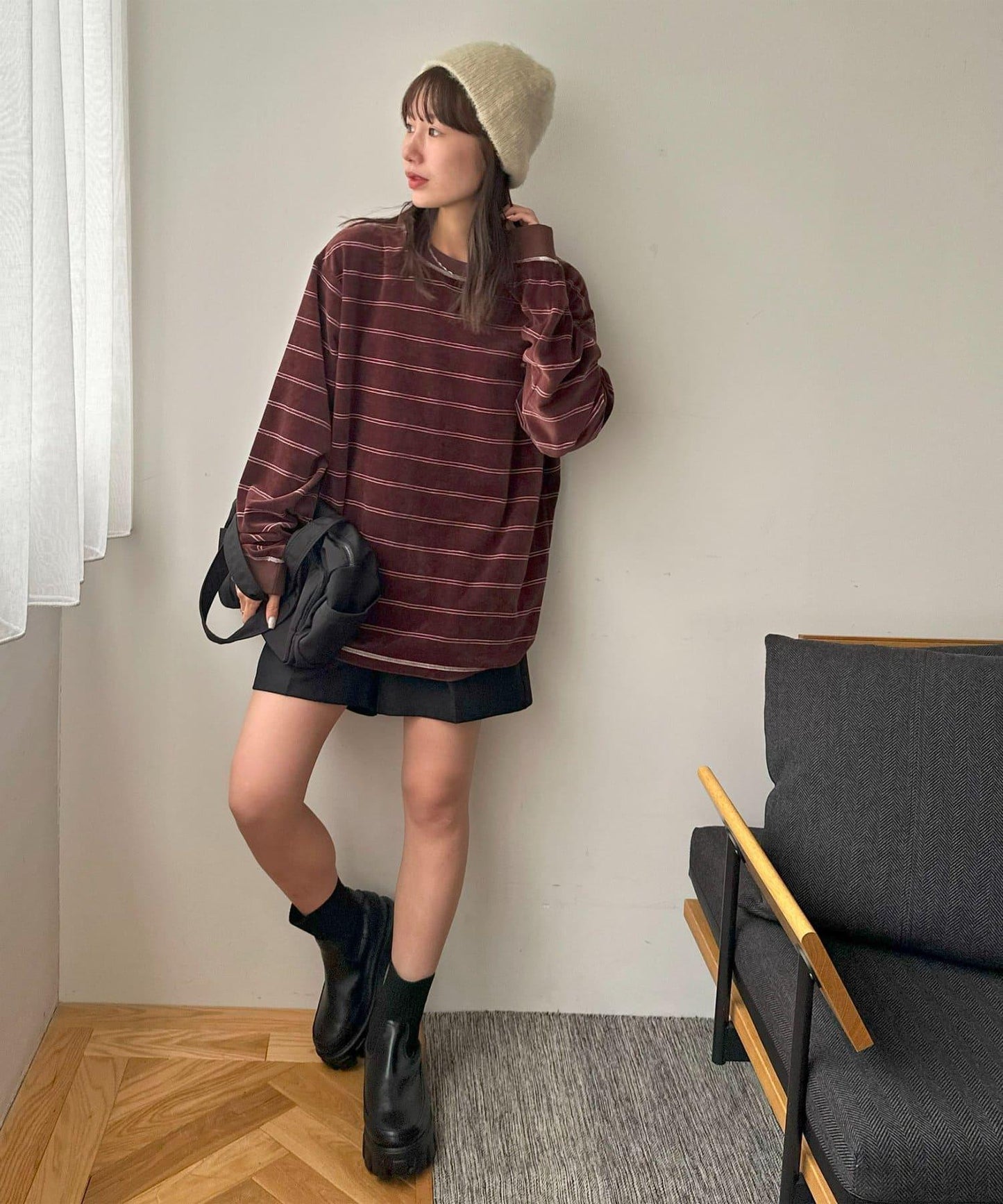 【Discoat】【男女同款】天鵝絨條紋圓領衫