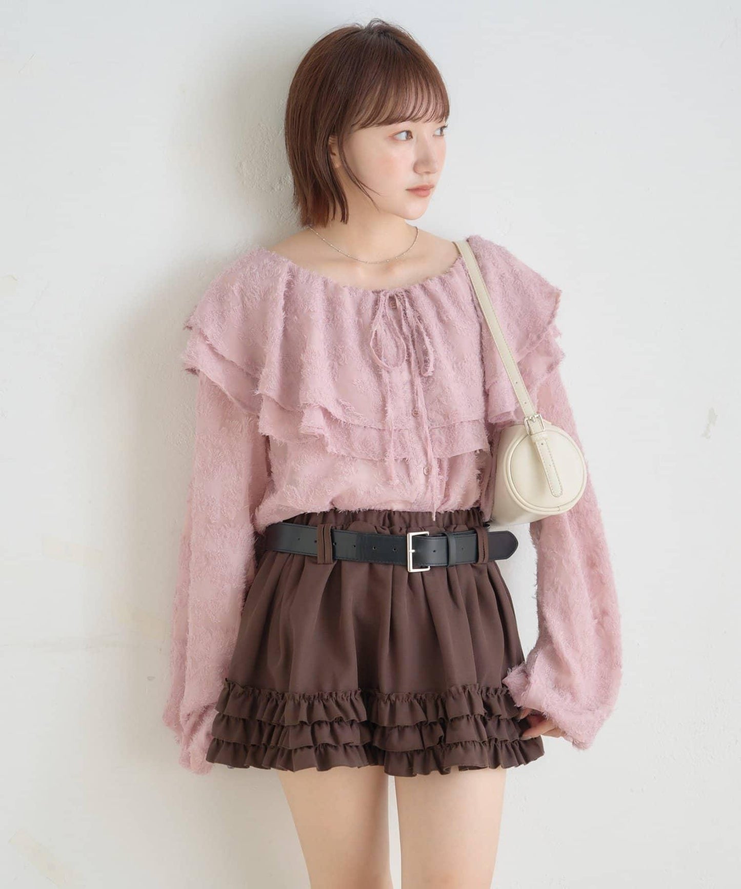 【mystic】[mline]荷葉邊褶皺雪紡襯衫