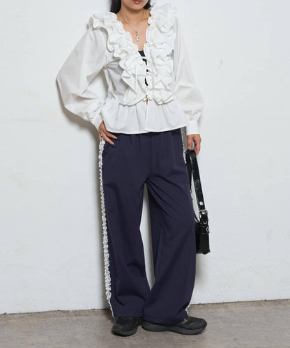 【WHO'S WHO gallery】側邊蕾絲拼接長褲